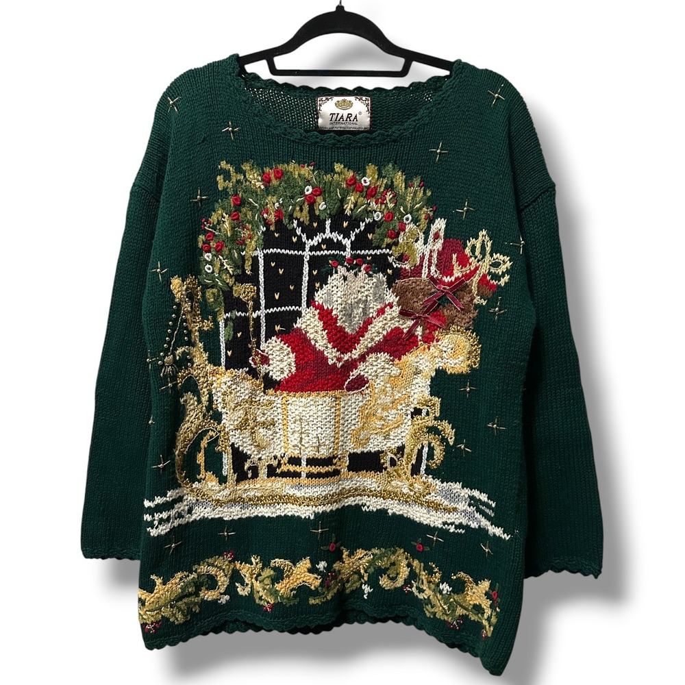 Vintage Tiara International Embroidered Christmas Sweater Santa Knit M Granny
